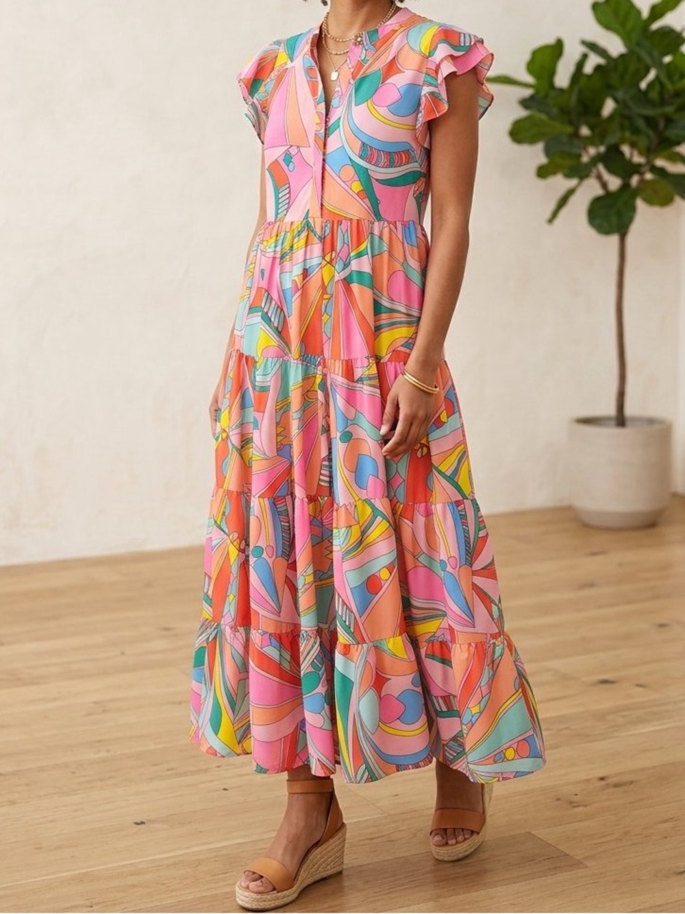 Karlie Pink Multi-Print Tiered Maxi Dress
